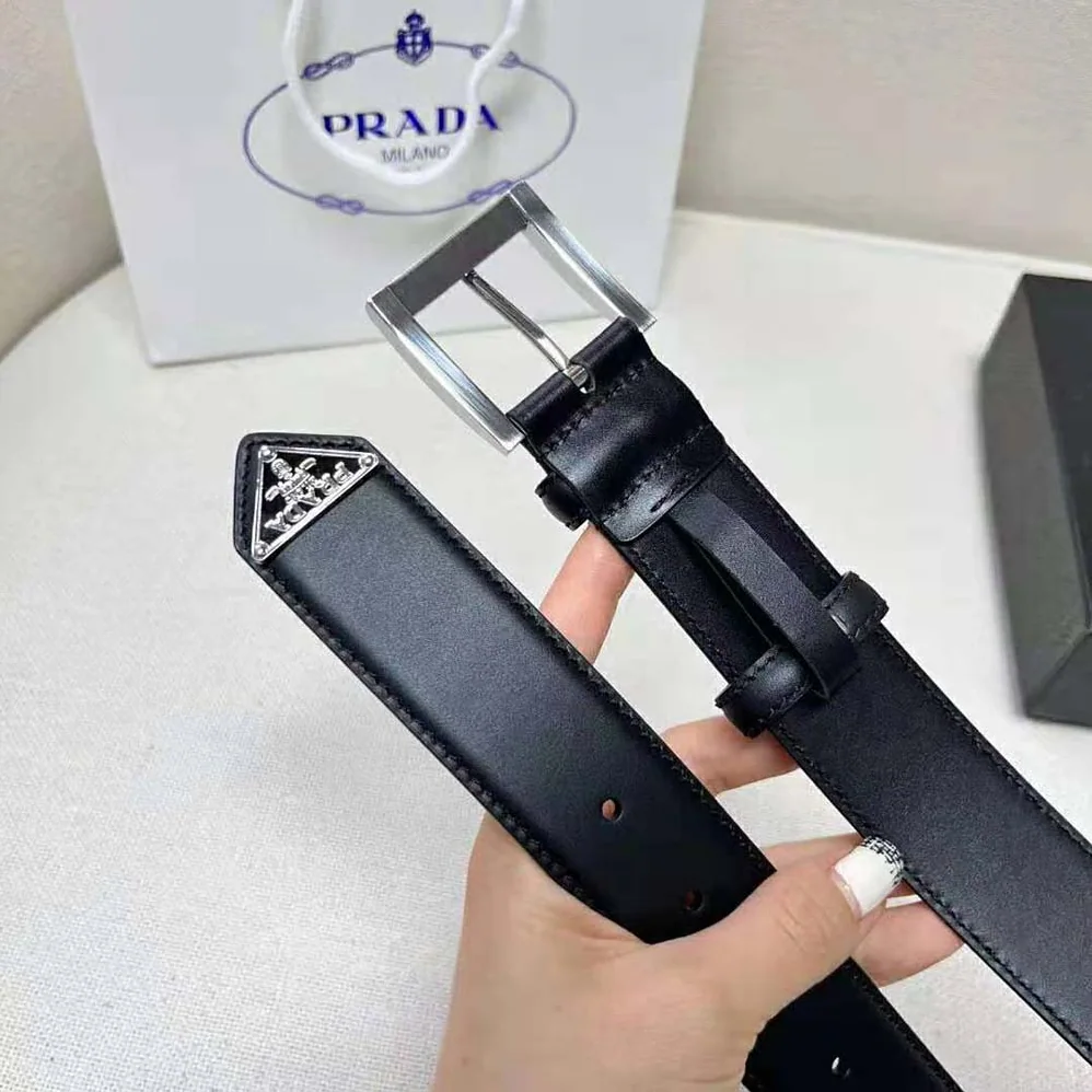 Prada Leather Belt with Enameled-Metal Triangle Logo for Women in Black Prada Leather Belt with Enameled-Metal Triangle Logo for Women in Black