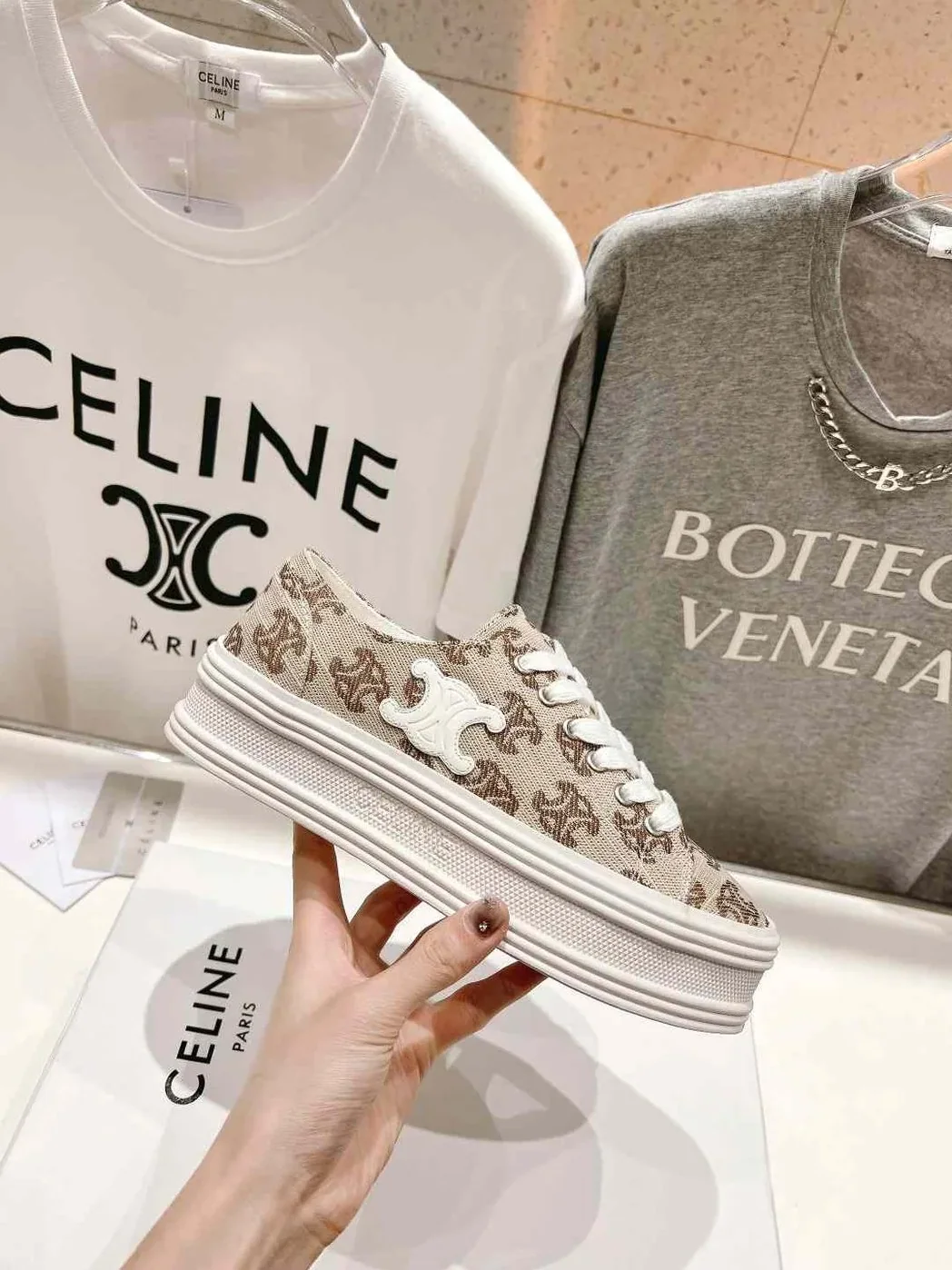 Celine Triomphe Sneakers In Canvas Beige