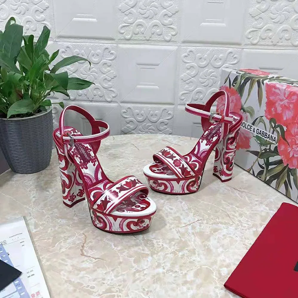 Dolce Gabbana D&G Printed Polished Calfskin Platform Sandals for Women Dolce Gabbana D&G Printed Polished Calfskin Platform Sandals for Women