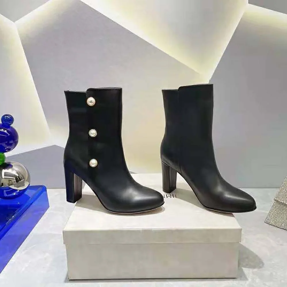 Jimmy Choo Black Nappa Leather Mid for Women in Calf Boots with Pearls Jimmy Choo Black Nappa Leather Mid for Women in Calf Boots with Pearls