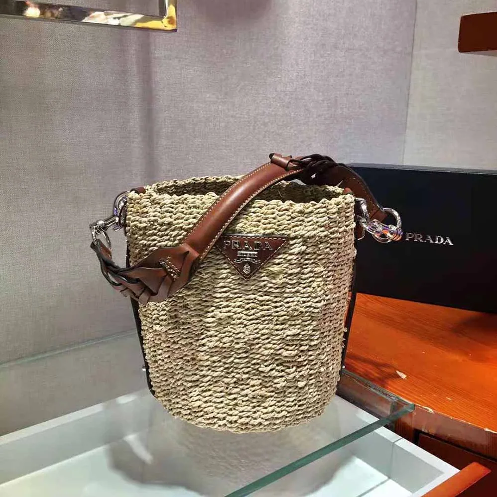 Prada Corn Husk and Leather Bucket Bag for Women