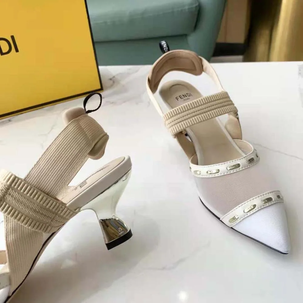 Fendi Colibri Pink Mesh Medium-Heel Slingbacks with Metal Stitches for Women Fendi Colibri Pink Mesh Medium-Heel Slingbacks with Metal Stitches for Women