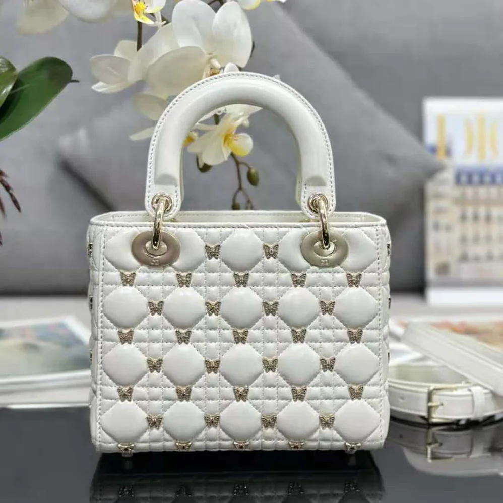 Dior Small Lady Dior Bag White Cannage Lambskin with Gold for Women in Finish Butterfly Studs Dior Small Lady Dior Bag White Cannage Lambskin with Gold for Women in Finish Butterfly Studs