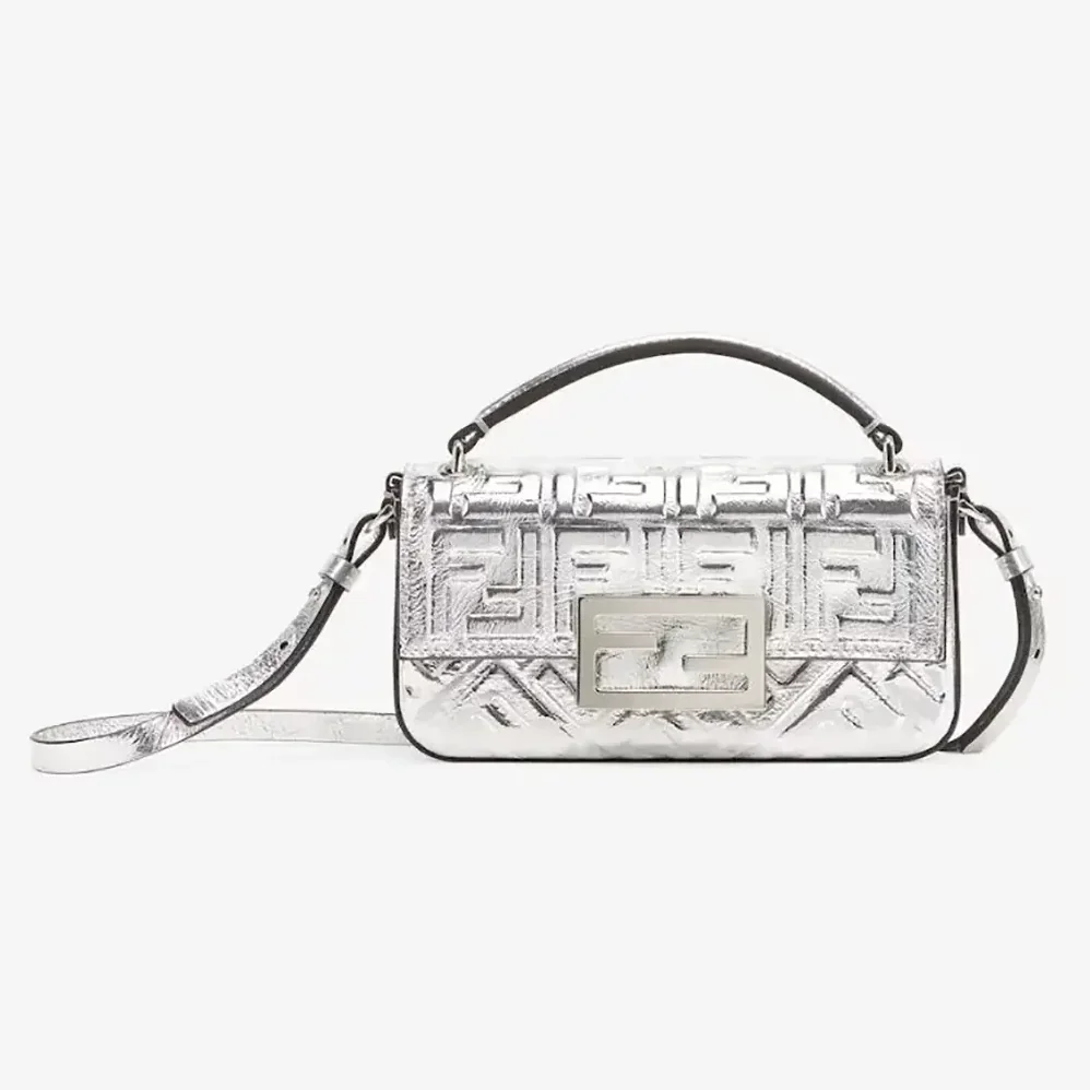 Fendi Baguette Phone Pouch Craquelé Silver Leather Pouch for Women