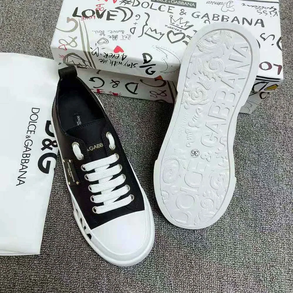 Dolce Gabbana D&G Calfskin Portofino Light Sneakers with Logo-Detailed Plate and Logo Print for Women in Black