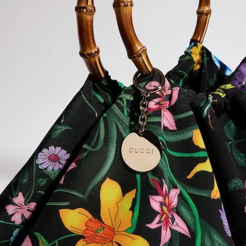Gucci Silk Maxi With Bamboo Handle Tote Bag in Black/ Multicolor Gold Hardware
