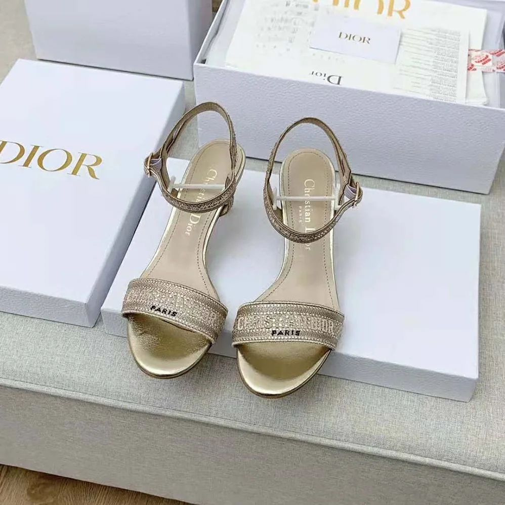 Dior Dway Heeled Sandal Gold-Tone Cotton Embroidered with Metallic Thread and Strass for Women