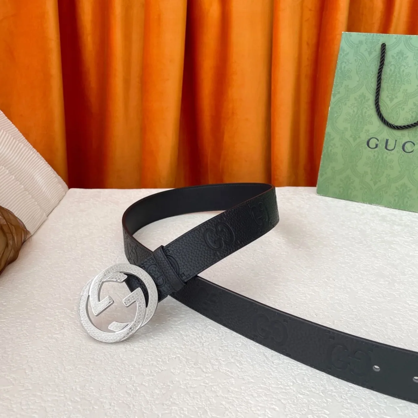 Gucci GG Pebbled Monogram Belt Black With Silver Crystal Buckle Gucci GG Pebbled Monogram Belt Black With Silver Crystal Buckle
