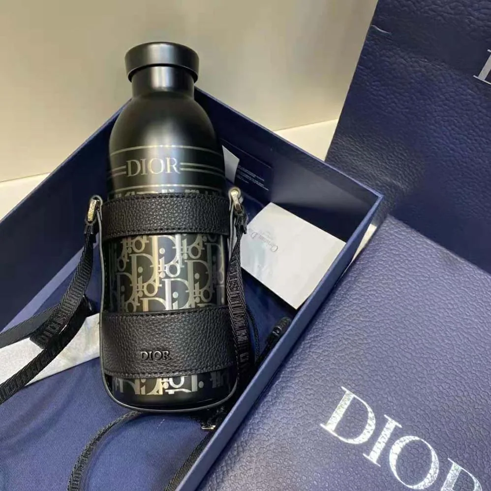 Dior Aqua Bottle with Shoulder Strap Black Grained Calfskin and Dior Oblique Stainless Steel for Unisex