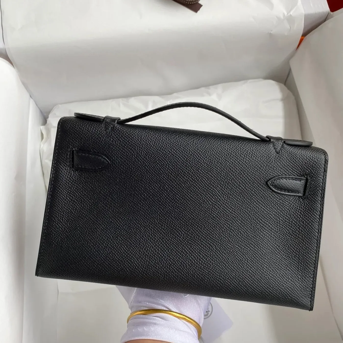 Hermes Kelly Pochette Top Handle Bag in Noir Epsom Palladium Hardware Hermes Kelly Pochette Top Handle Bag in Noir Epsom Palladium Hardware