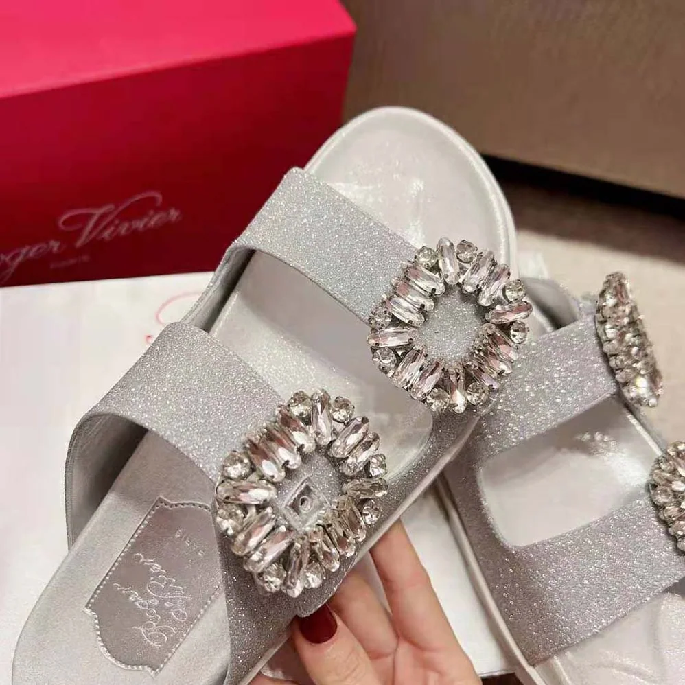 Roger Vivier Slidy Viv Strass Buckle Sandals in Fabric for Women in Gray Roger Vivier Slidy Viv Strass Buckle Sandals in Fabric for Women in Gray