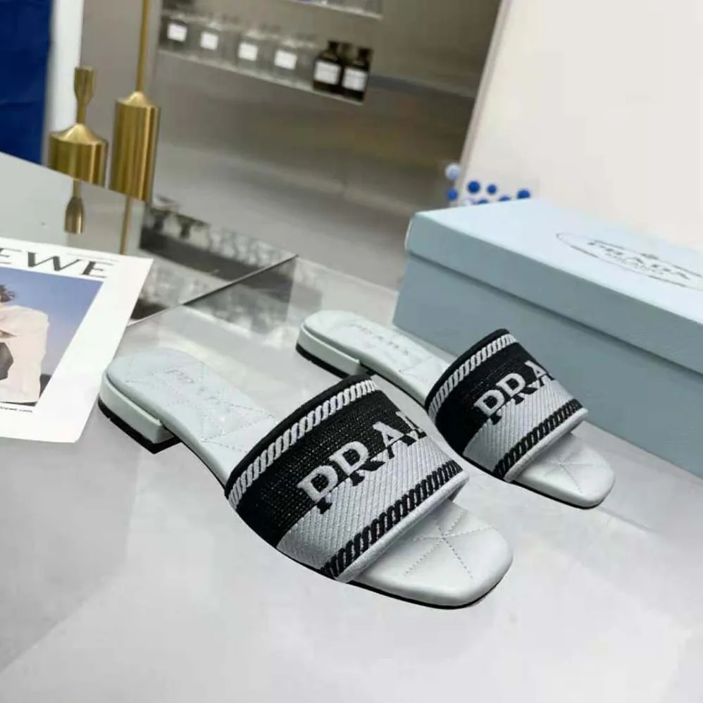 Prada Embroidered Fabric Slides for Women in Blue