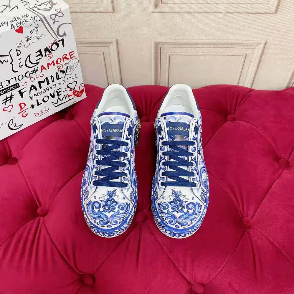 Dolce Gabbana D&G Majolica for Unisex in Print Calfskin Portofino Sneakers