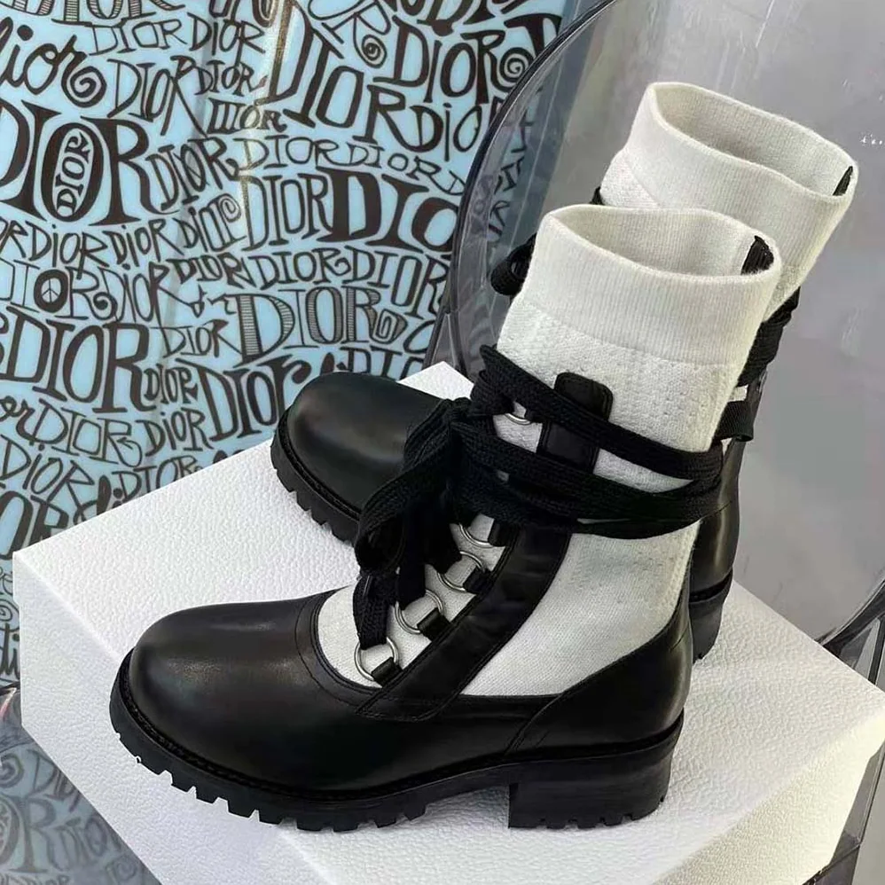 Dior Diorland Lace-up Boot Black Calfskin and White Cotton for Women Dior Diorland Lace-up Boot Black Calfskin and White Cotton for Women