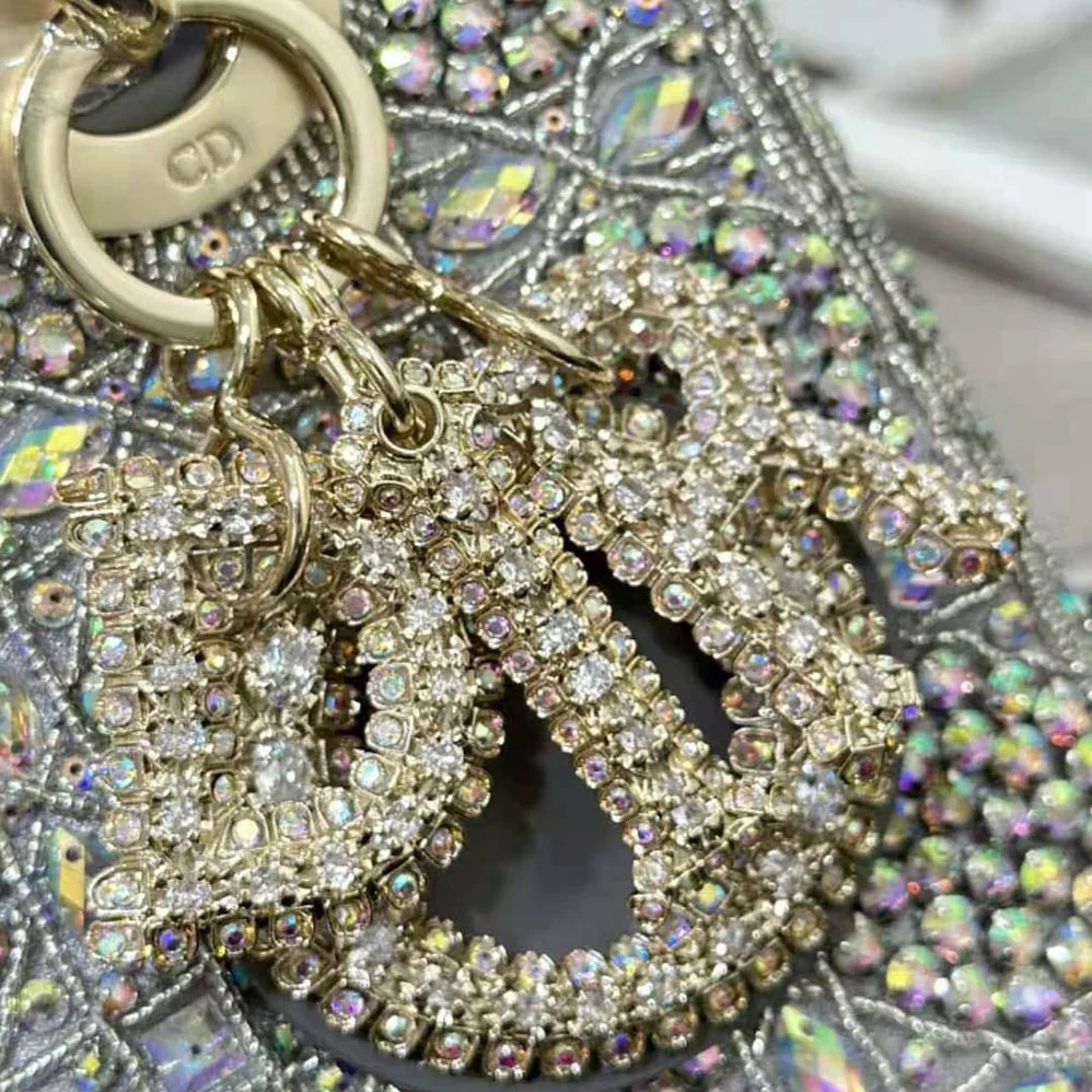 Dior Small Lady Dior Bag Gray Smooth Calfskin and Satin with Bead Embroidery for Women