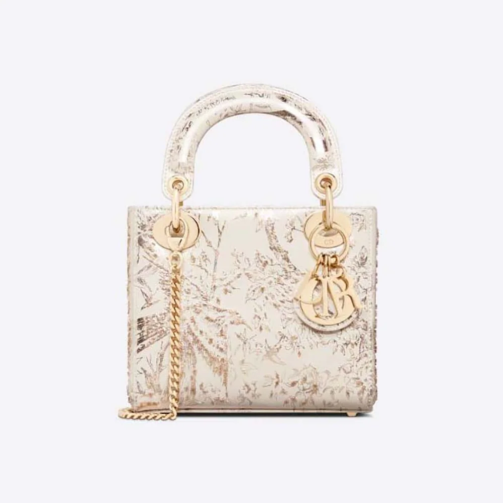Dior Mini Lady Dior Bag White Calfskin with Gold-Tone Printed and Bead-Embroidered Dior Jardin D'Hiver Motif for Women Dior Mini Lady Dior Bag White Calfskin with Gold-Tone Printed and Bead-Embroidered Dior Jardin D'Hiver Motif for Women