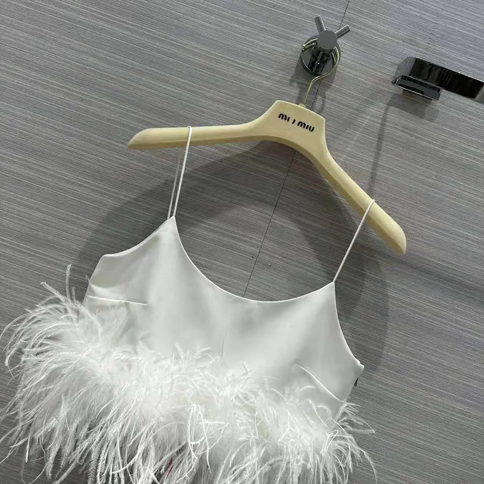 Miu Miu Stretch Cady Top with Feathers for Women in White