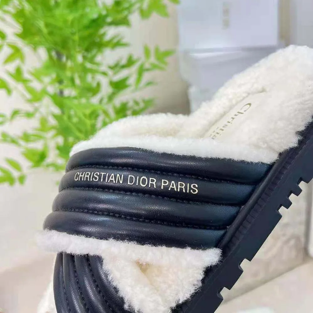Dior D-Cross Slide Black Lambskin and White Shearling for Women