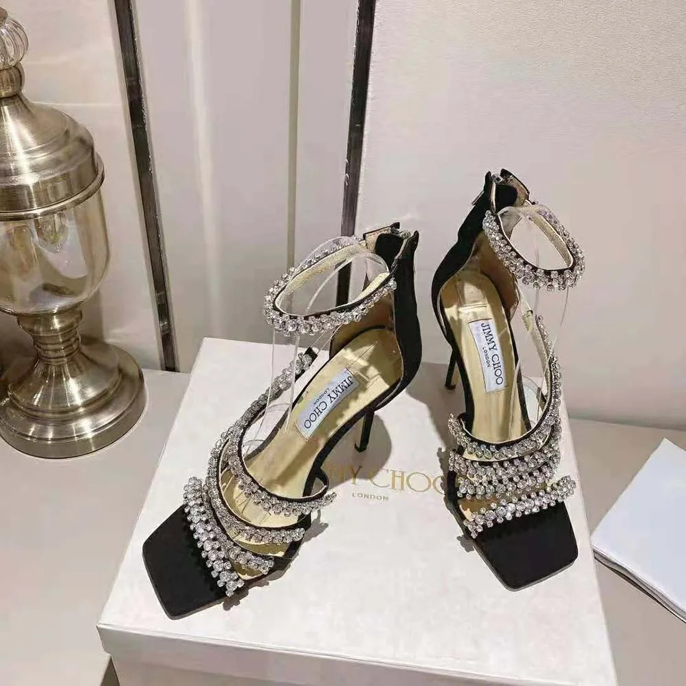 Jimmy Choo Josefine 100 Black Suede Sandals with Crystal Embellishment for Women Jimmy Choo Josefine 100 Black Suede Sandals with Crystal Embellishment for Women