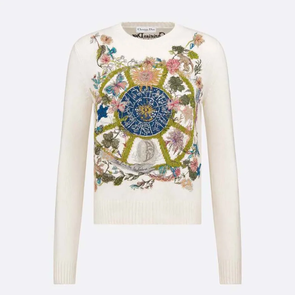 Dior Embroidered Sweater White Cashmere Knit with Multicolor Tarot La Roue de la Fortune Motif for Women