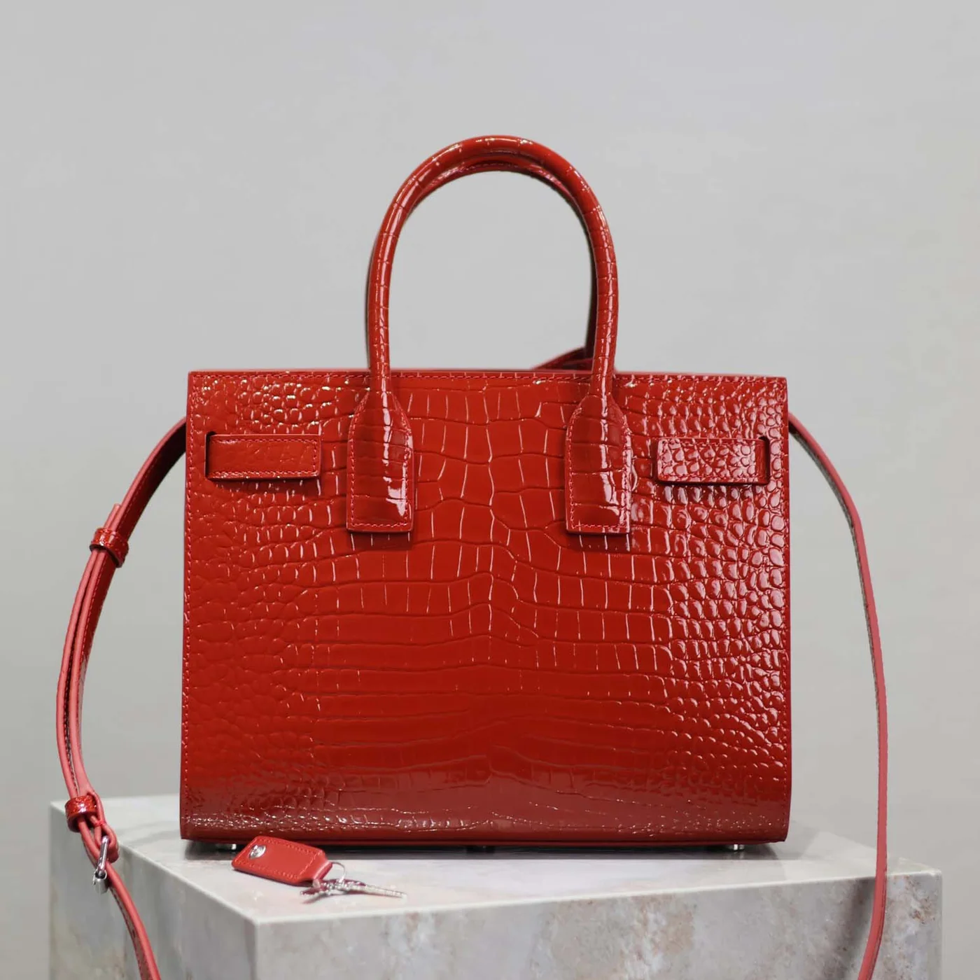 Saint Laurent YSL Sac De Jour in Embossed Crocodile Leather Baby for Women in Red Saint Laurent YSL Sac De Jour in Embossed Crocodile Leather Baby for Women in Red