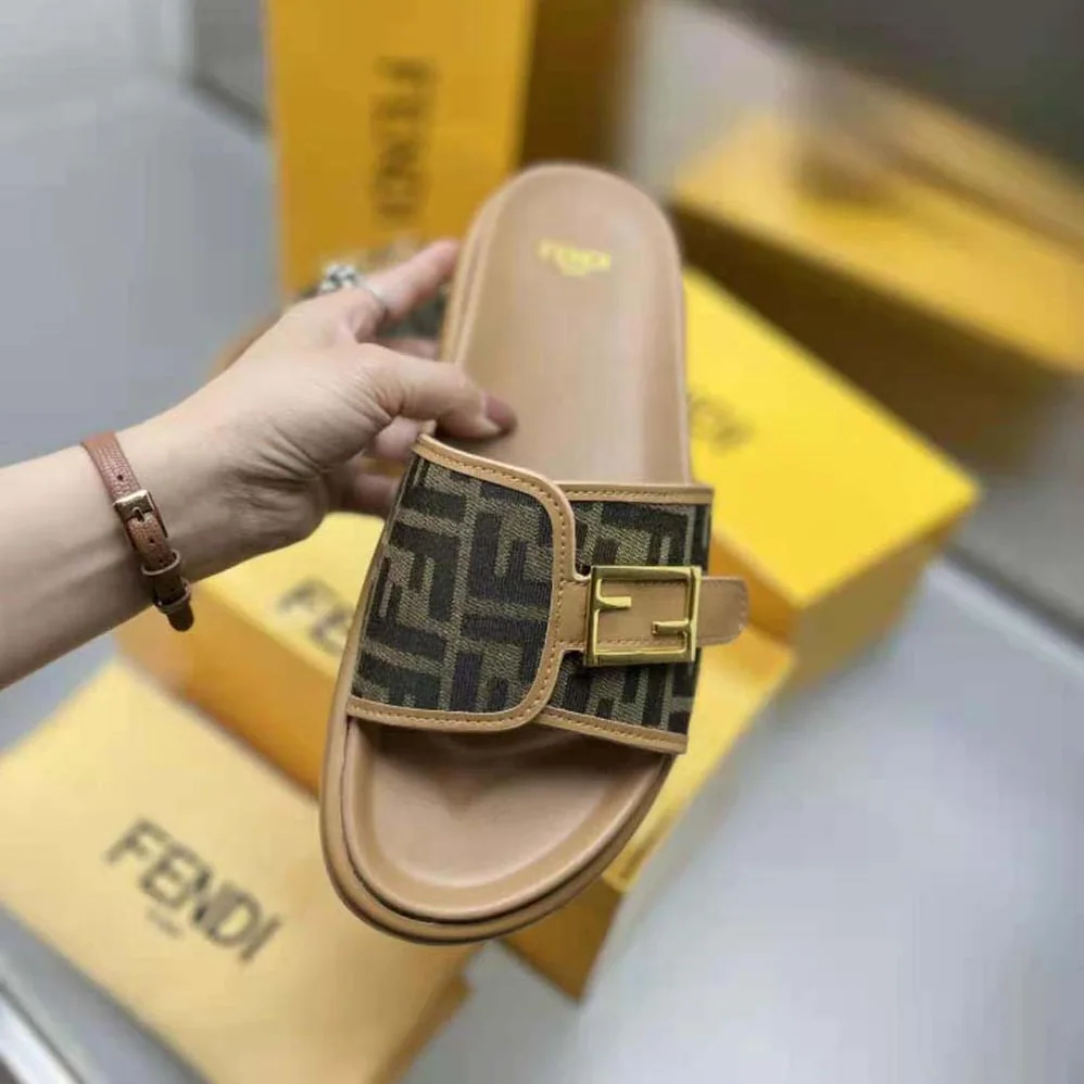 Fendi Feel Brown Fabric Slides for Women