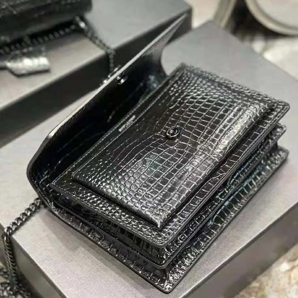 Saint Laurent YSL Sunset Medium in Crocodile Embossed Shiny Leather for Women in Black