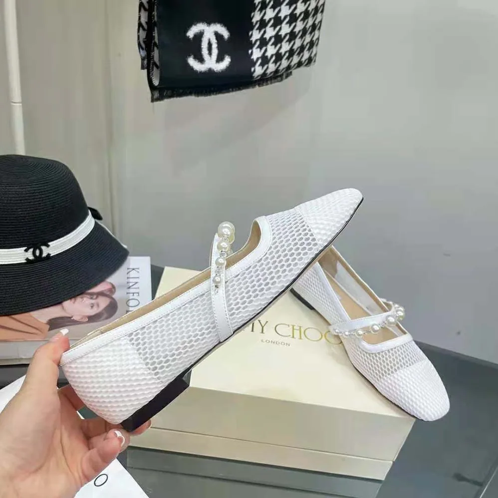 Jimmy Choo Ade Flat White Fishnet Mesh and Latte Nappa Flats with Pearl for Women in Embellished Strap