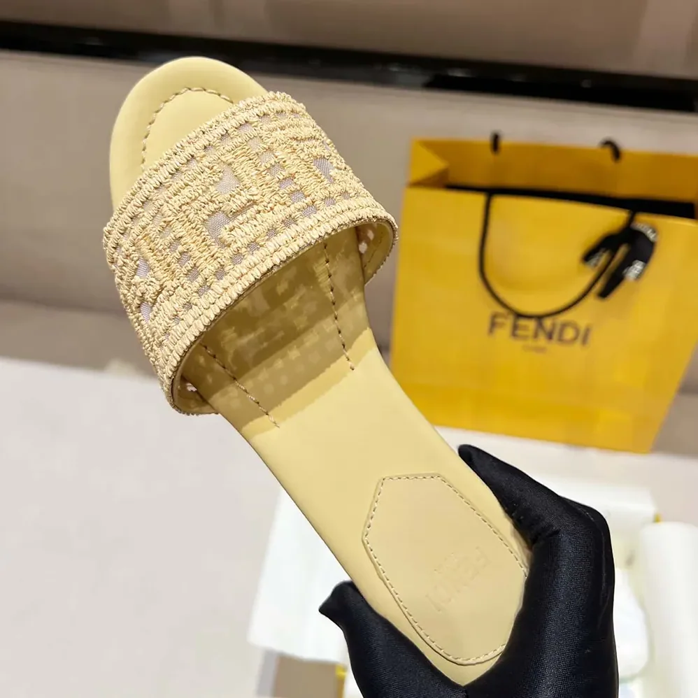 Fendi Sunshine Mesh Slides with Raffia FF Embroidery for Women