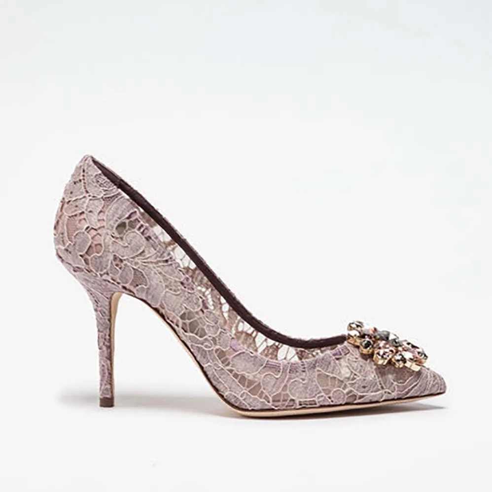 Dolce Gabbana D&G Shoes Pump in Taormina Lace with Crystals 90mm Heel for Women in Pink Dolce Gabbana D&G Shoes Pump in Taormina Lace with Crystals 90mm Heel for Women in Pink