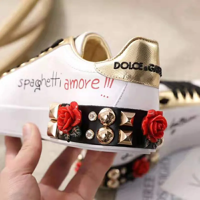 Dolce Gabbana D&G Sneakers in Printed Nappa Calfskin with Applications for Women in White