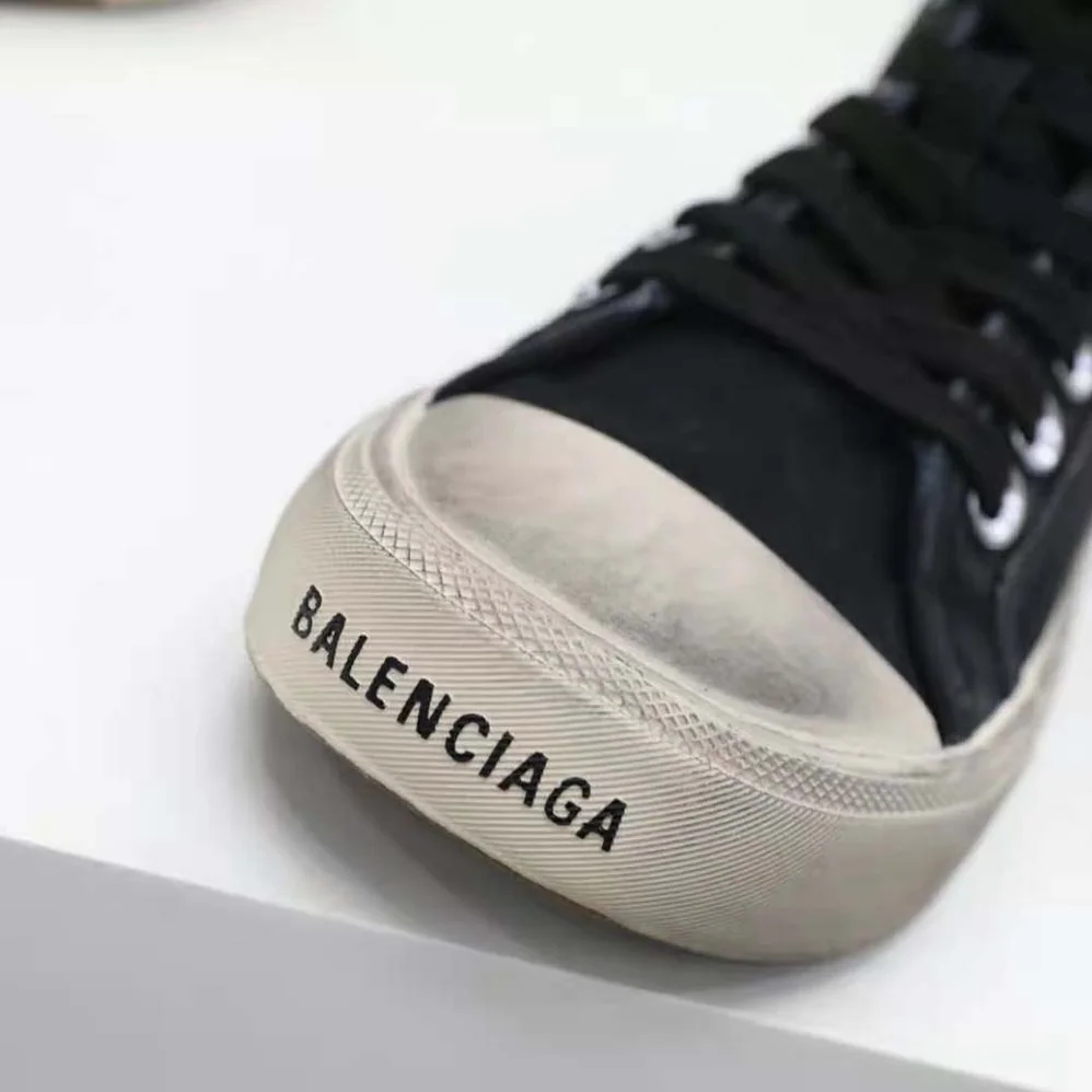 Balenciaga Paris High Top Sneaker in Black Destroyed Cotton and White Rubber for Unisex