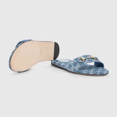 Gucci Horsebit Slide Sandals Blue Denim