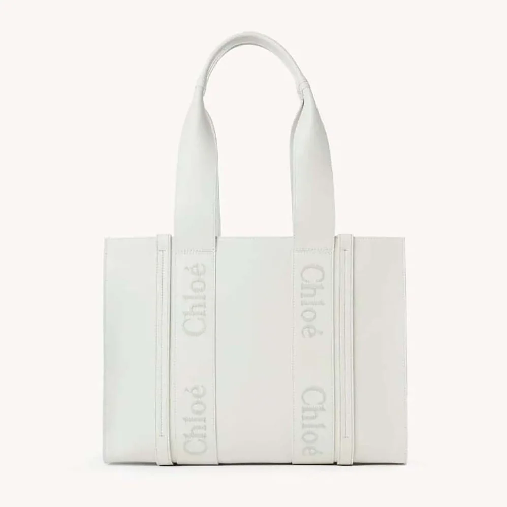 Chloe Medium Woody Tote Bag with Embroidered Chloé Logo for Women in White