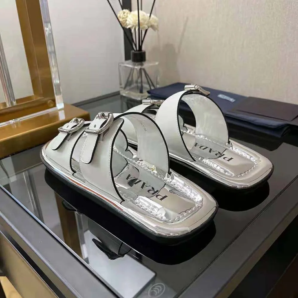 Prada Leather Sandals With Metal Buckle on the Upper for Women in Silver Prada Leather Sandals With Metal Buckle on the Upper for Women in Silver