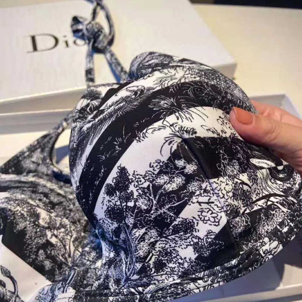 Dior Bikini Top Navy Blue Toile de Jouy Stripes Technical Fabric for Women
