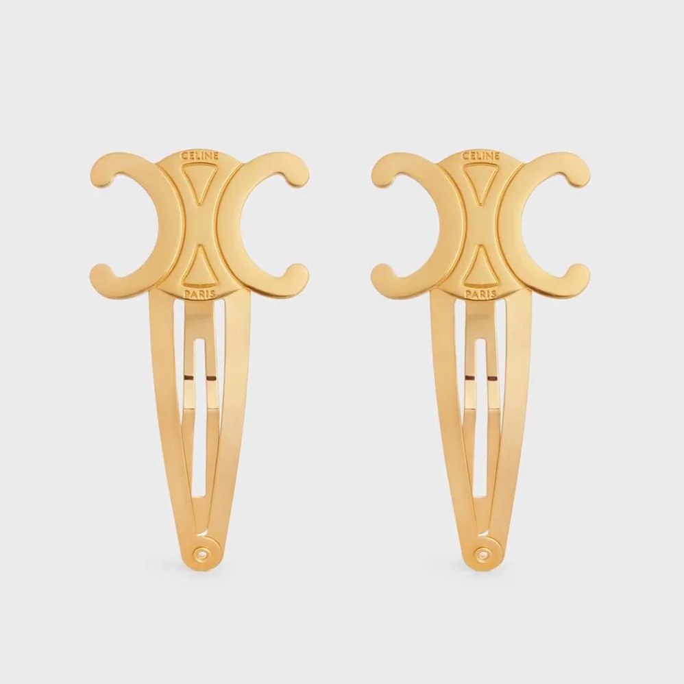 Celine Hair Accessories Set of 2 Triomphe Snap Hair Clips in Brass with Gold Finish and Steel for Women Celine Hair Accessories Set of 2 Triomphe Snap Hair Clips in Brass with Gold Finish and Steel for Women