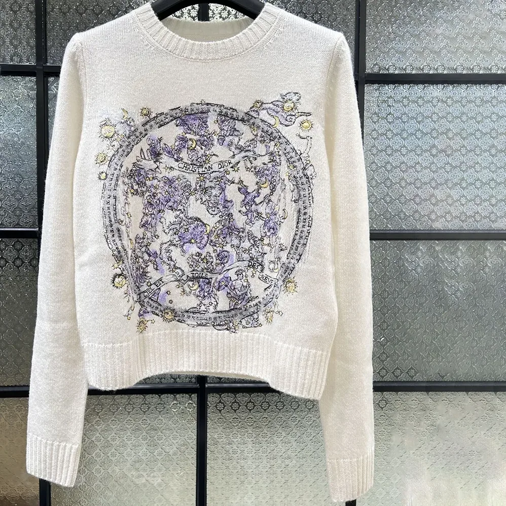 Dior Embroidered Sweater Ecru Cashmere Knit with Blue Dior Night of Dreams Motif for Women Dior Embroidered Sweater Ecru Cashmere Knit with Blue Dior Night of Dreams Motif for Women