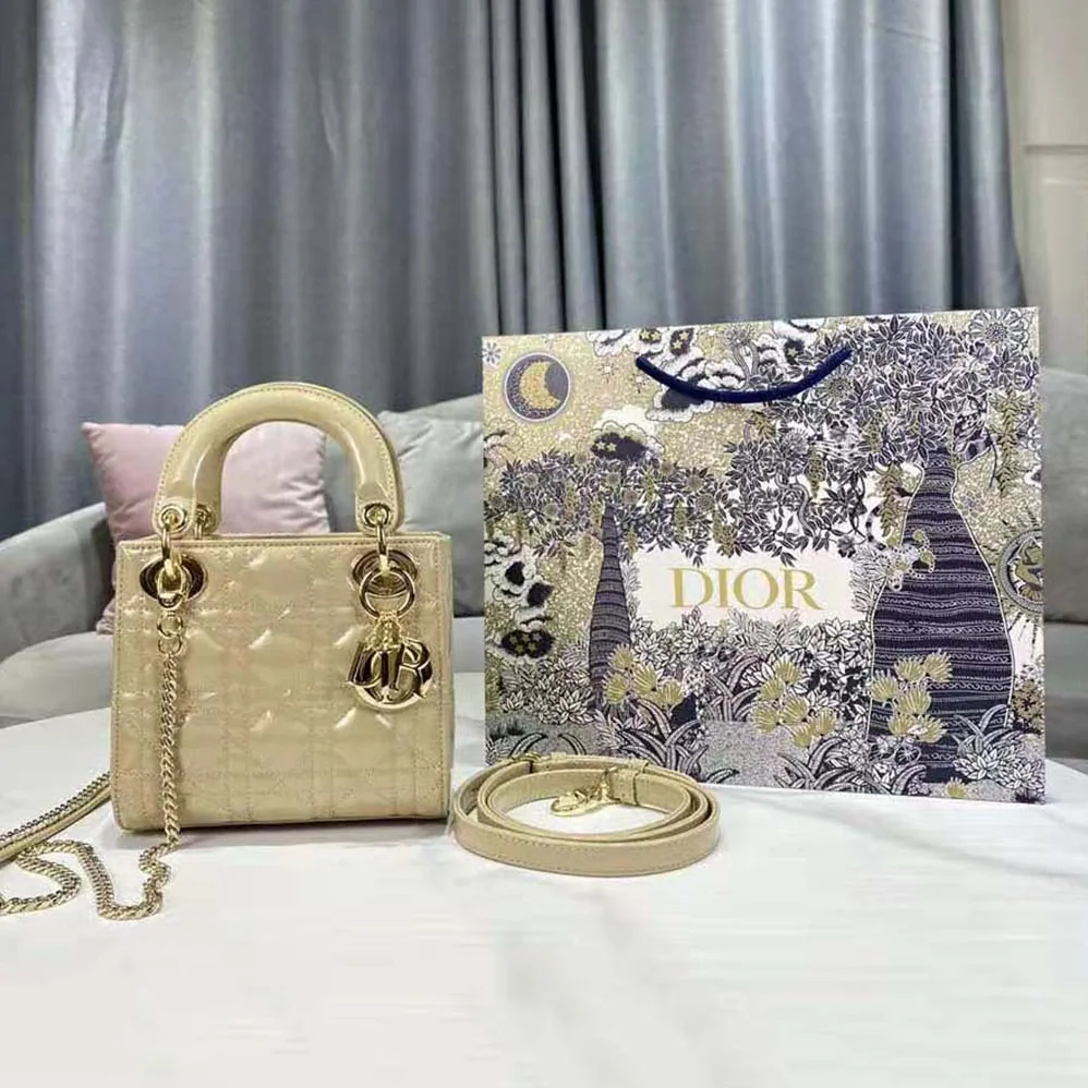 Dior Mini Lady Dior Bag Pale Yellow Patent Cannage Calfskin for Women