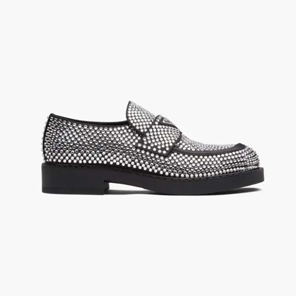 Prada Chocolate Satin Loafers with Crystals for Women in Silver Prada Chocolate Satin Loafers with Crystals for Women in Silver