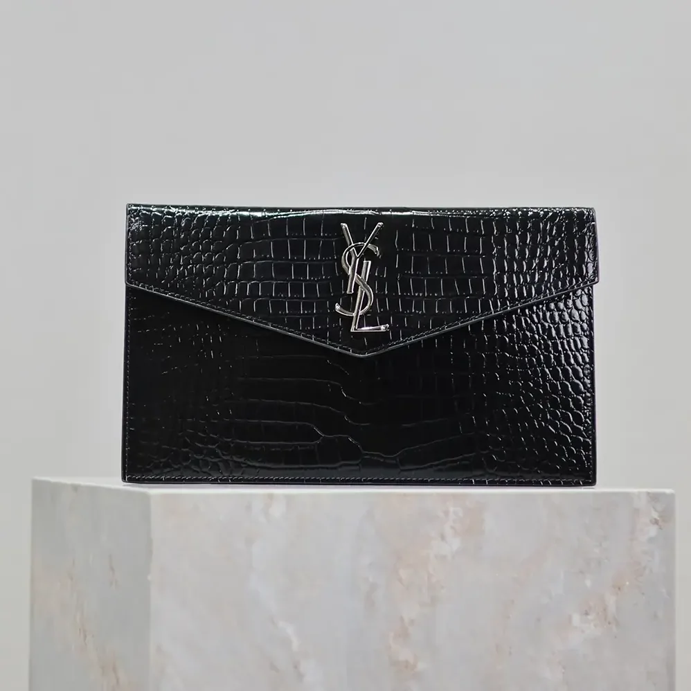 Saint Laurent YSL Uptown Pouch in Crocodile for Women in embossed Shiny Leather