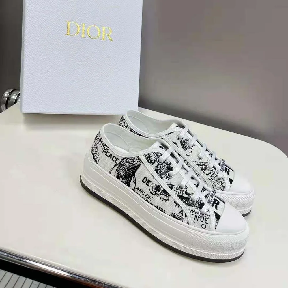 Dior Walk'N'Dior Platform Sneaker White and Black Cotton Embroidered with Plan De Paris Motif for Women