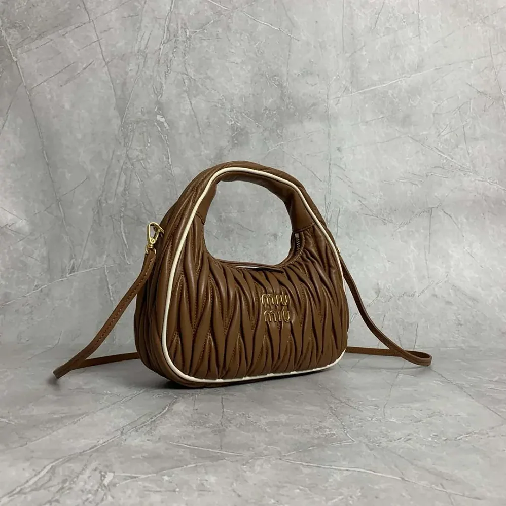 Miu Miu Wander Matelassé Nappa Leather Bag for Women in Brown/White Miu Miu Wander Matelassé Nappa Leather Bag for Women in Brown/White