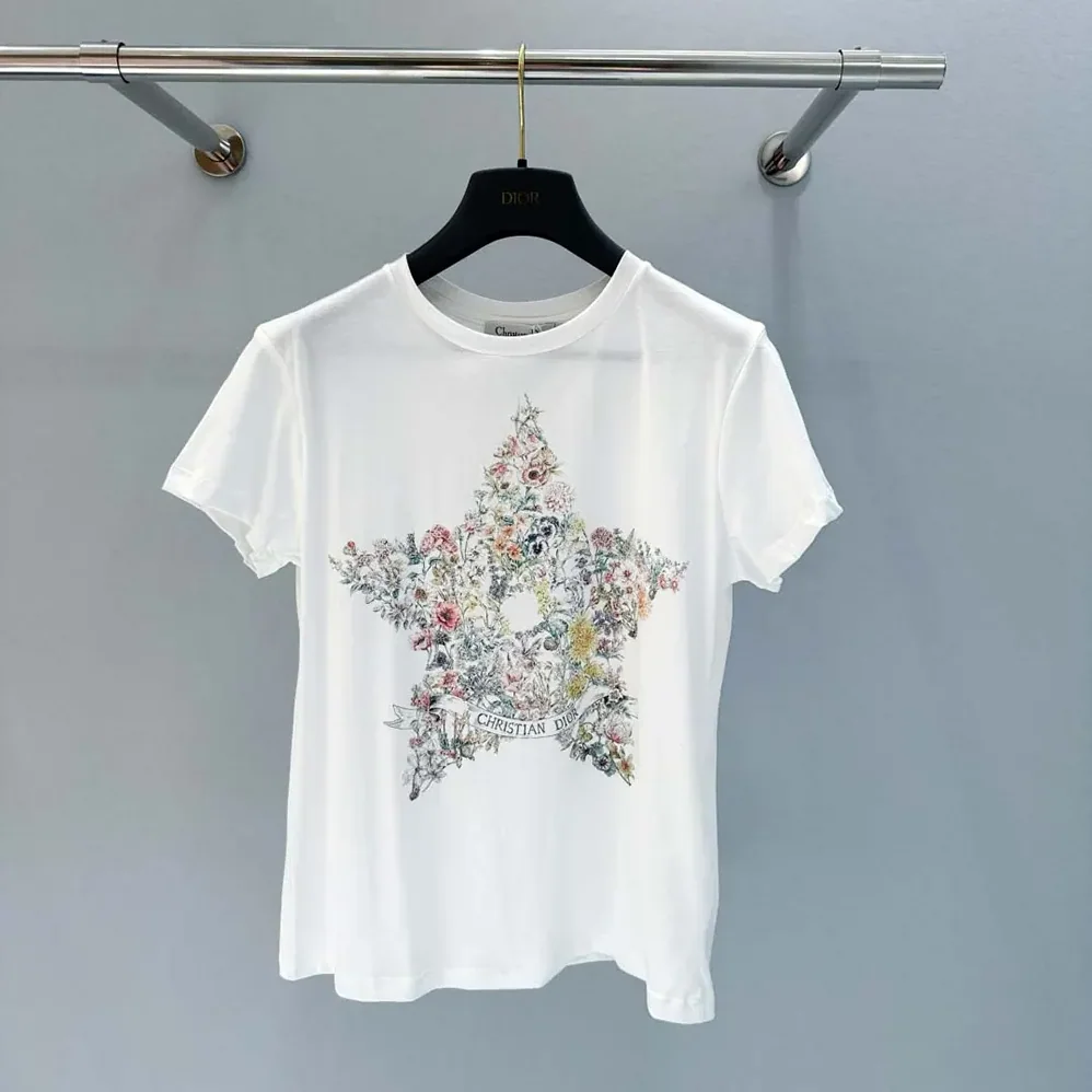 Dior T-Shirt White Cotton and Linen Jersey with Multicolor Dior Star Motif for Women Dior T-Shirt White Cotton and Linen Jersey with Multicolor Dior Star Motif for Women
