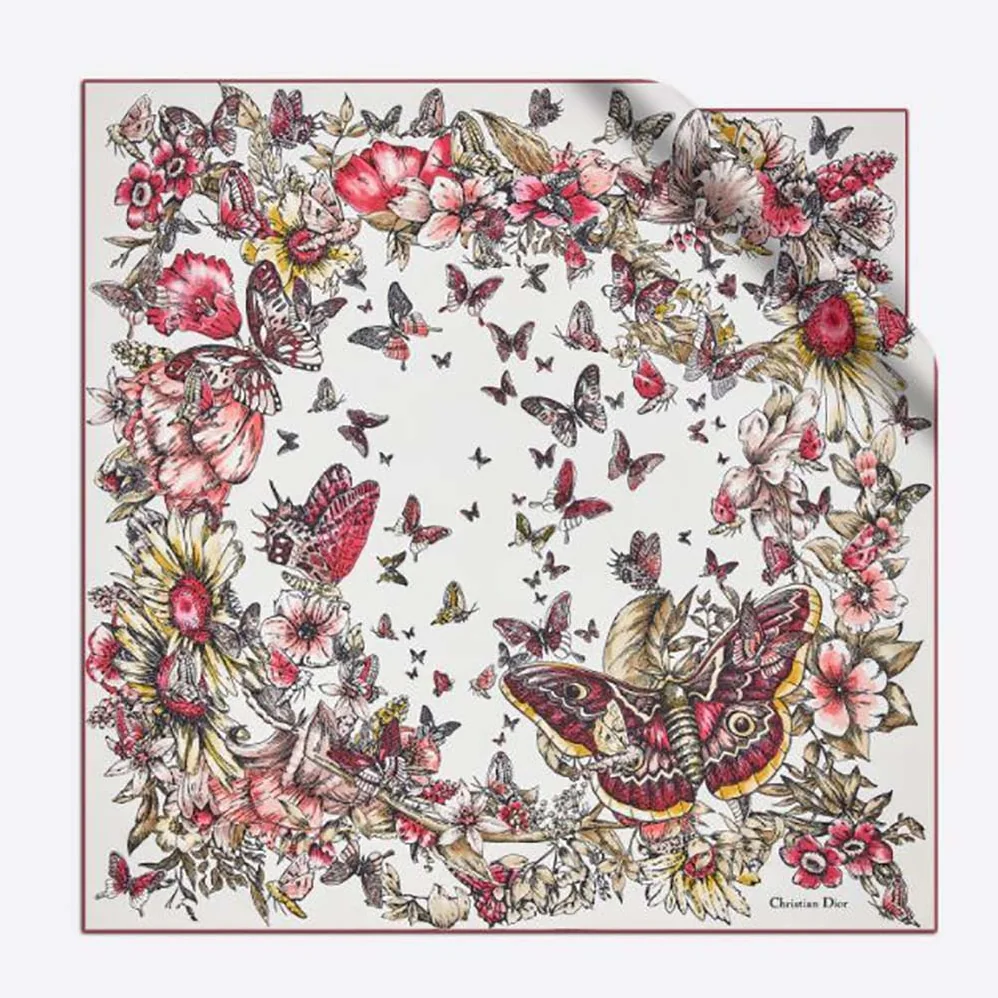Dior Square Scarf Lvory Silk Twill with Multicolor Butterfly Motif for Women