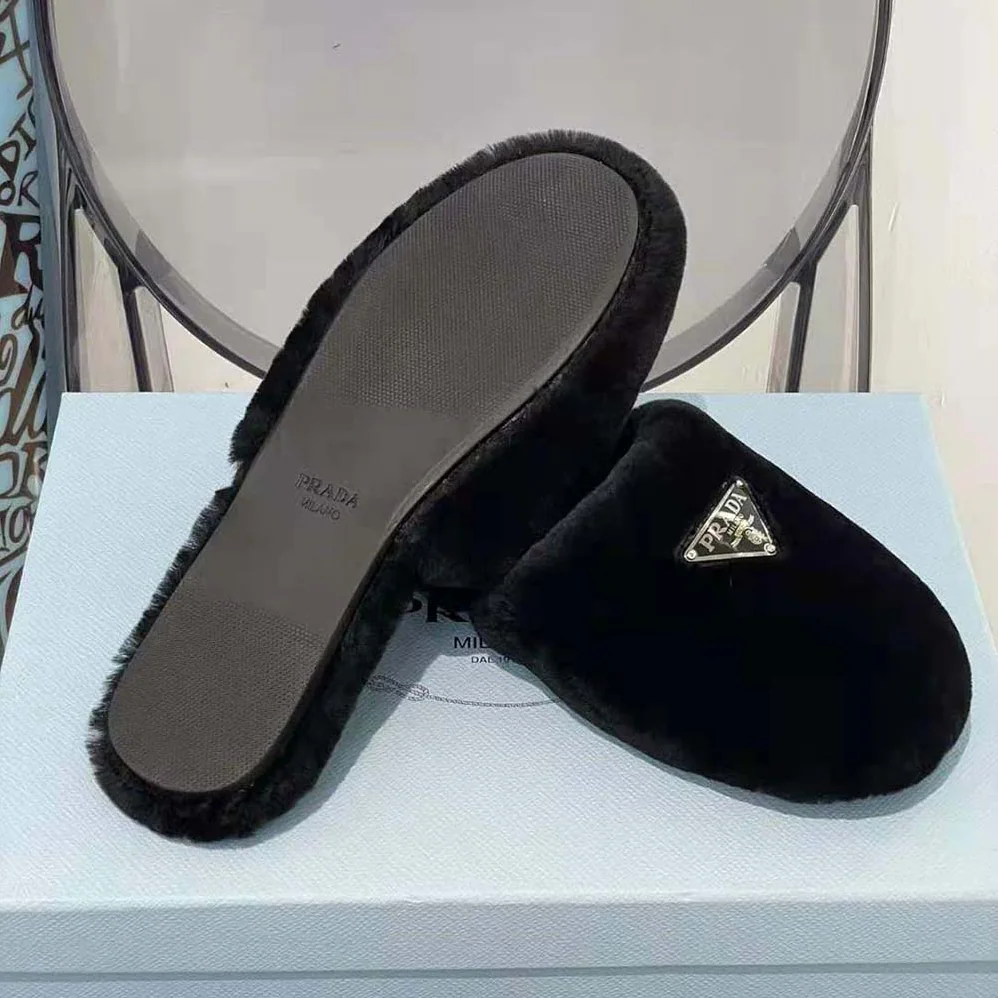 Prada Enameled Triangle Logo Accentuates Shearling Sabots for Women