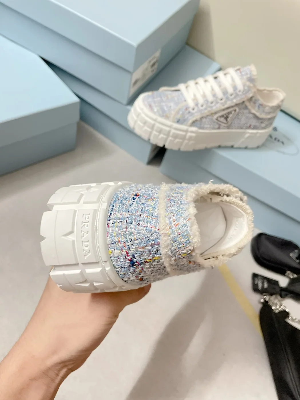 Prada Double Wheel Gabardine Sneakers Light Blue in PRD