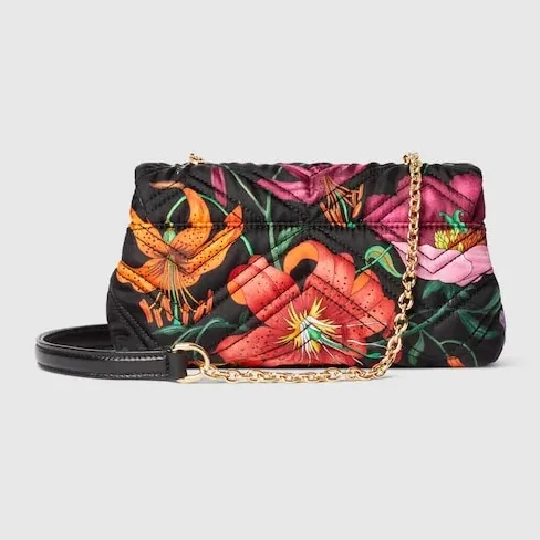 Gucci Marmont Mini Shoulder Bag / Black in Multicolor Flora Gold Hardware