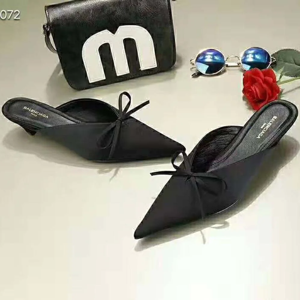 Balenciaga Knife Mules Pointed Toe Satin Mules for Women in Black