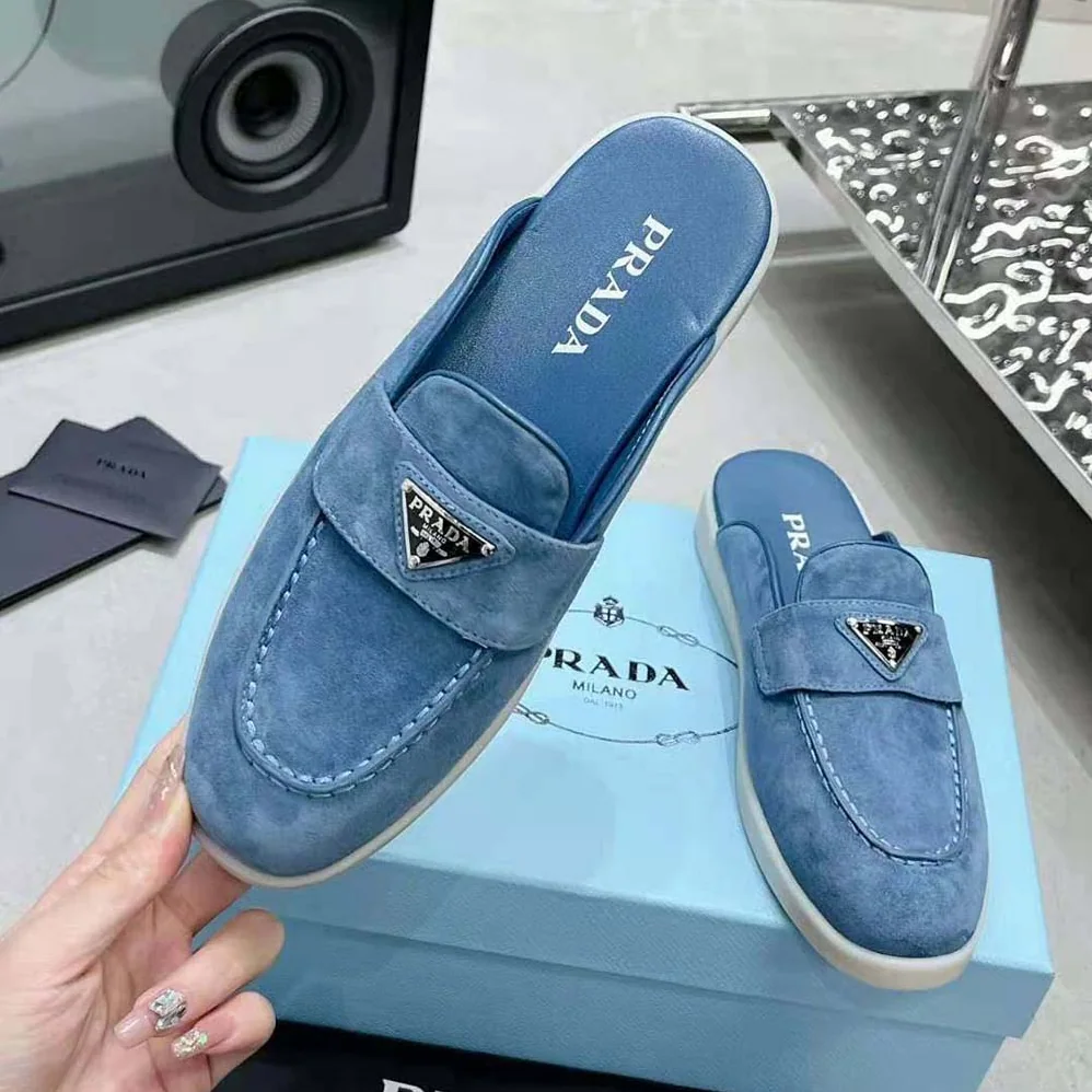 Prada Suede Sabots with the Enameled Metal Triangle Logo for Men